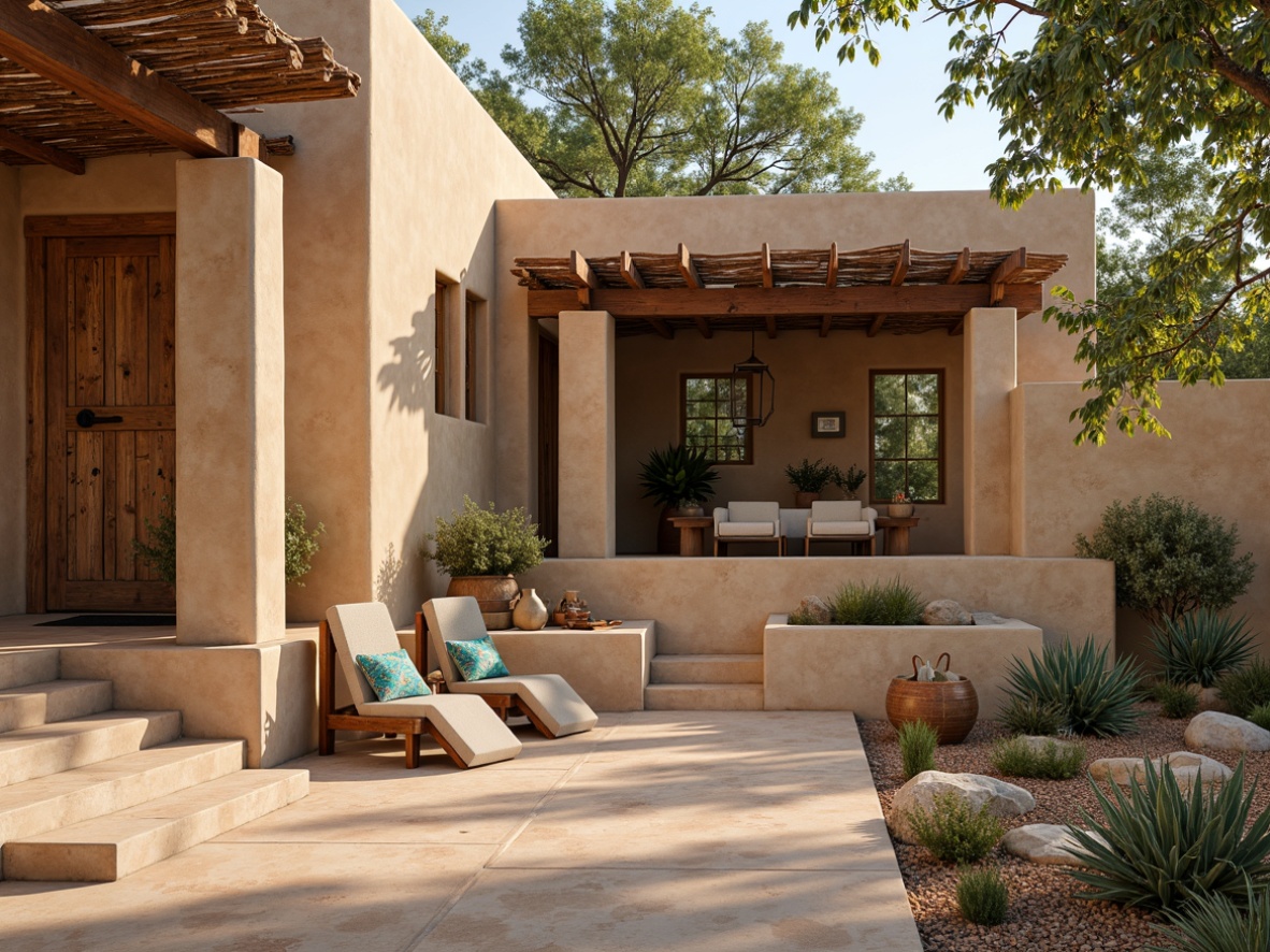 Prompt: Earthy southwestern villa, warm beige stucco exterior, terracotta roof tiles, rustic wooden doors, distressed metal accents, vibrant turquoise decorations, sandy beige interior walls, reclaimed wood flooring, natural stone fireplaces, woven textile patterns, cozy warm lighting, shallow depth of field, 1/2 composition, soft focus effect, warm afternoon sun, subtle shadows, ambient occlusion.