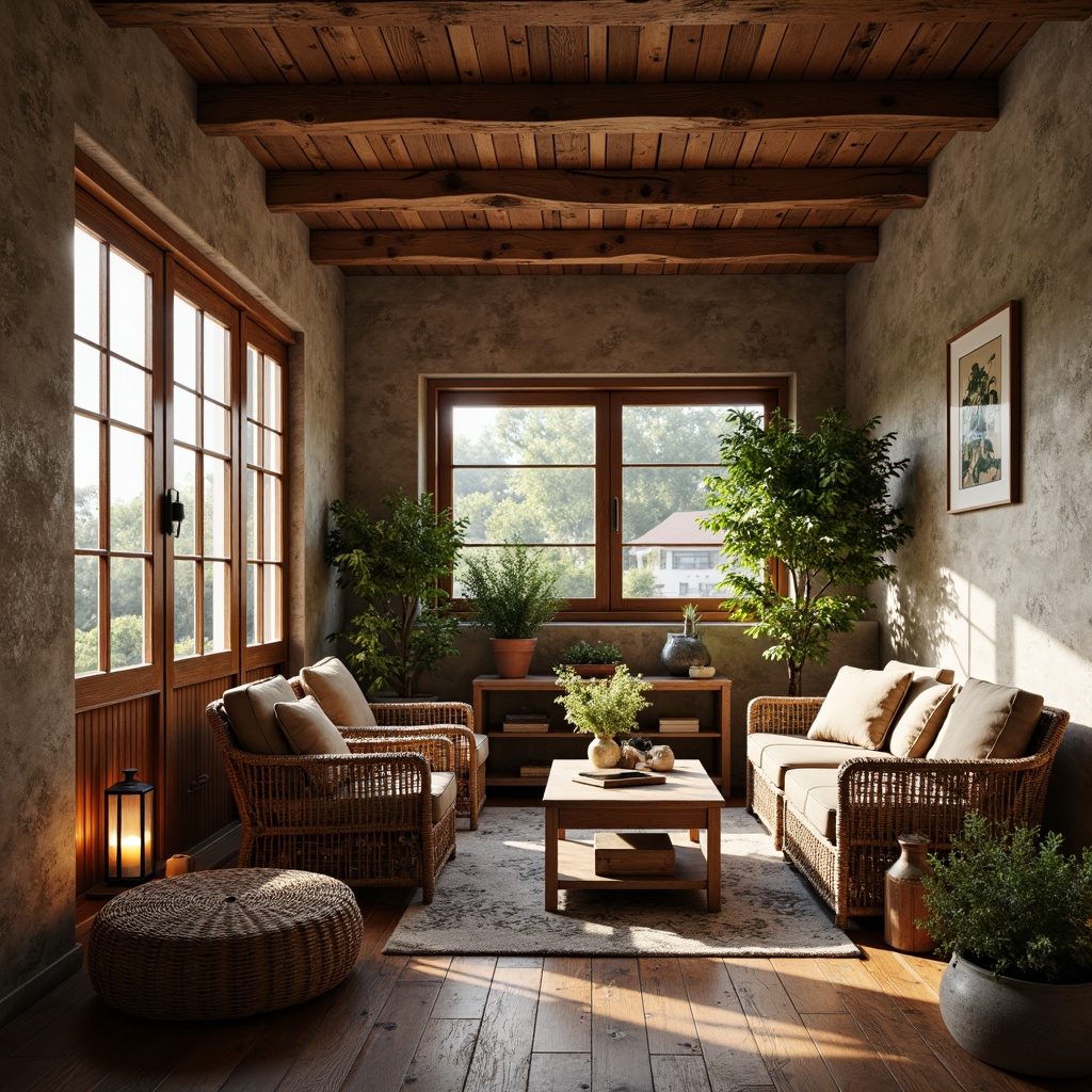 Prompt: Rustic wooden beams, natural stone walls, earthy color palette, reclaimed wood floors, woven wicker furniture, vintage metal decorations, distressed leather upholstery, organic linen textiles, potted plants, botanical prints, candles and lanterns lighting, warm cozy atmosphere, shallow depth of field, 1/2 composition, soft warm lighting, realistic wood textures, ambient occlusion.