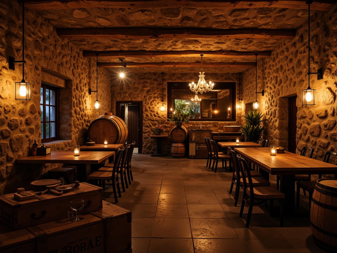 Prompt: Rustic wine cellar, stone walls, wooden barrels, dimly lit ambiance, warm golden lighting, pendant lanterns, candlelight, rich wood tones, earthy textures, cozy seating areas, vintage wine crates, wine glasses, rustic metal accents, soft background music, intimate atmosphere, dramatic shadows, low-key lighting, 1/1 composition, moody color palette.