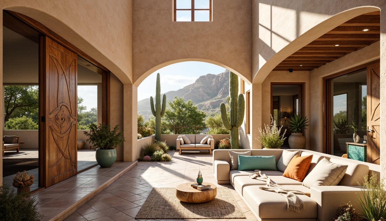 Prompt: Southwestern villa, adobe-style architecture, earthy tones, warm beige stucco, curved lines, rustic wooden doors, ornate metalwork, vibrant turquoise accents, desert landscape, cacti and succulents, vast open spaces, large windows, sliding glass doors, clerestory windows, high ceilings, skylights, natural stone flooring, woven textiles, hand-carved wood furnishings, soft warm lighting, 1/1 composition, shallow depth of field, panoramic view, realistic textures, ambient occlusion.