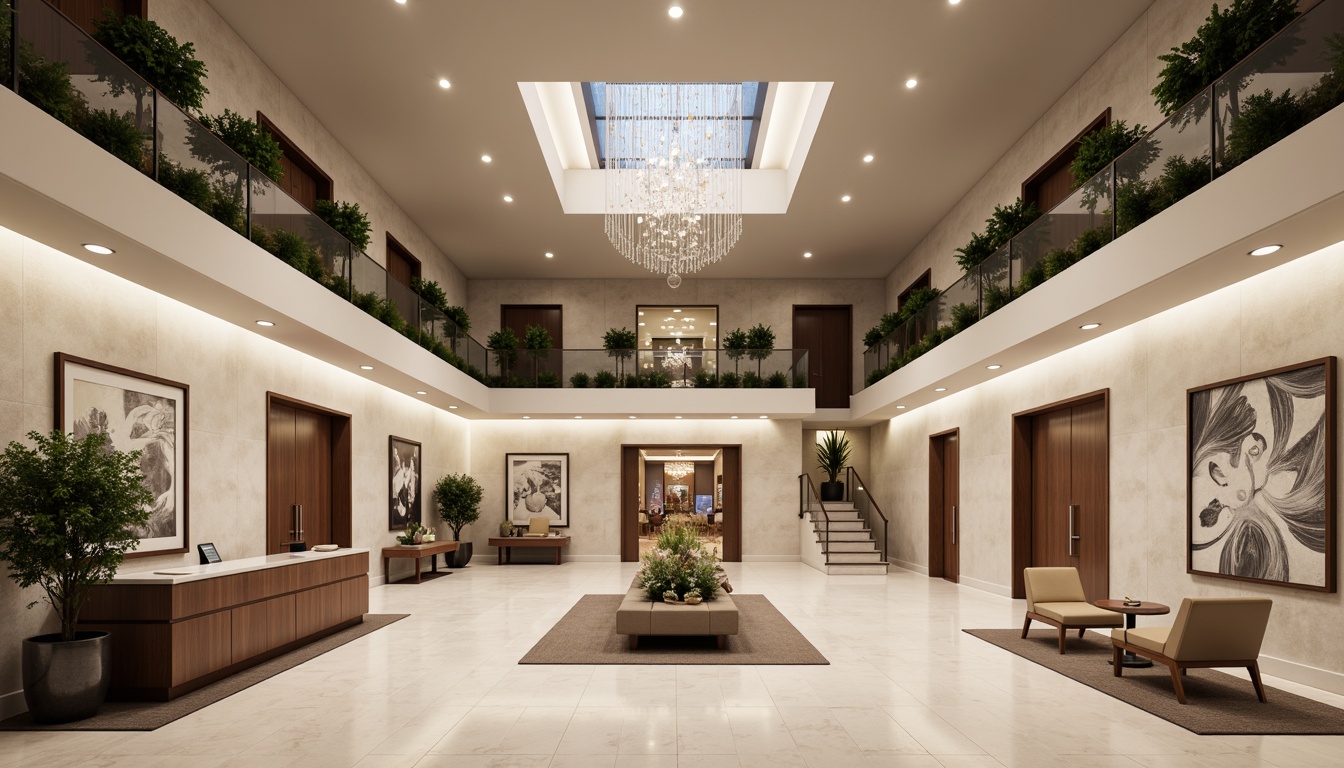 Prompt: Spacious open layout, high ceilings, minimalist decor, sleek lines, neutral color palette, polished marble floors, wooden accents, modern banking counters, comfortable lounge seating, natural stone walls, abstract artwork, recessed lighting, warm ambiance, shallow depth of field, 1/1 composition, realistic textures, ambient occlusion, grand chandelier, sophisticated atmosphere.