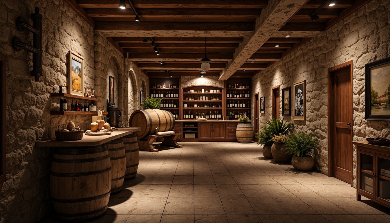 Prompt: Rustic wine cellar, wooden barrels, vintage winemaking equipment, stone walls, earthy tones, reclaimed wood shelving, metal accents, industrial lighting, dimly lit atmosphere, rich wood textures, wooden crates, wine bottle displays, natural stone floors, arched doorways, rustic wooden doors, soft warm lighting, shallow depth of field, 1/1 composition, realistic textures, ambient occlusion.