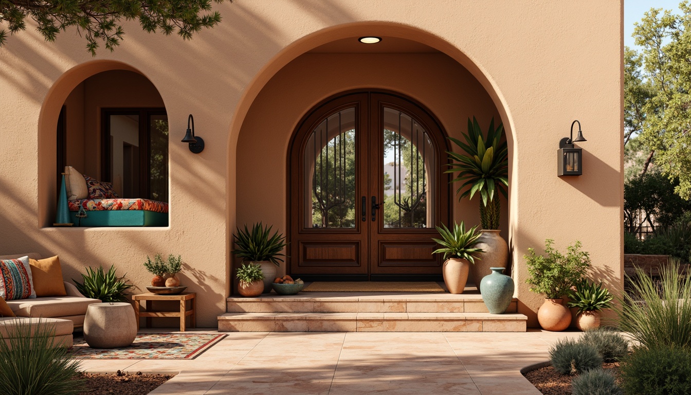 Prompt: Adobe earth tones, stucco walls, rustic wooden doors, wrought iron fixtures, terra cotta tiles, rounded archways, ornate metalwork, vibrant turquoise accents, geometric patterns, Native American-inspired textiles, earthenware pottery, desert landscaping, cacti plants, sunny afternoon light, warm golden illumination, shallow depth of field, 1/2 composition, realistic textures, ambient occlusion.