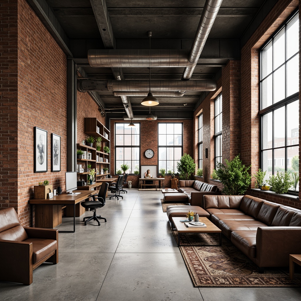 Prompt: Exposed brick walls, polished concrete floors, industrial-chic lighting fixtures, reclaimed wood accents, metal beams, functional workstations, ergonomic office chairs, minimalist desks, modern sectional sofas, geometric-patterned rugs, urban loft atmosphere, natural light pouring in through large windows, airy open spaces, distressed leather armchairs, vintage decorative items, eclectic art pieces, functional shelving units, industrial-style coffee tables, metal and glass side tables, cozy reading nooks, task lamps, warm ambient lighting, shallow depth of field, 2/3 composition, realistic textures, ambient occlusion.