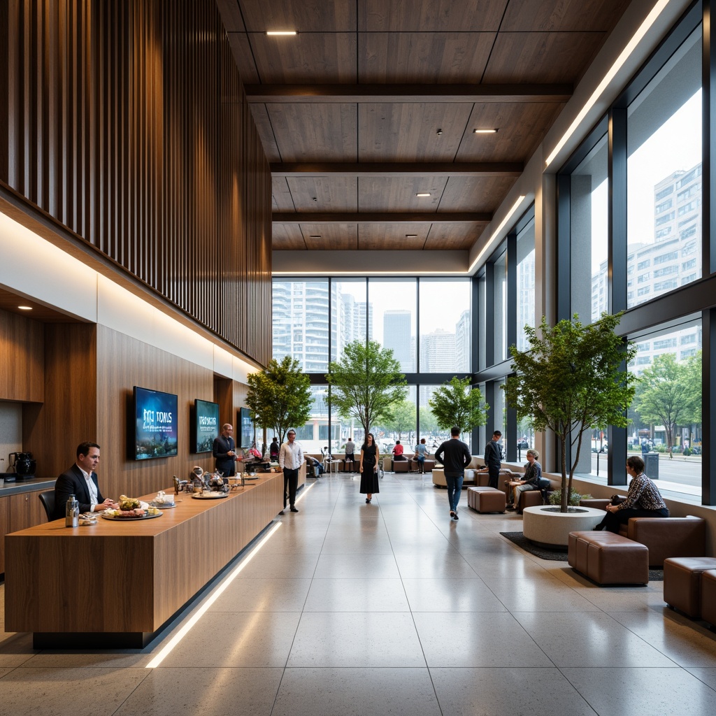 Prompt: Modern bank interior, open layout, minimalist decor, neutral color palette, sleek metal accents, polished wooden furniture, comfortable seating areas, abundant natural light, floor-to-ceiling windows, urban city views, busy commercial atmosphere, subtle branding elements, digital display screens, contemporary artwork, recessed lighting, 1/1 composition, shallow depth of field, soft warm illumination, realistic textures.