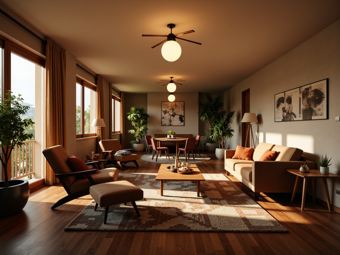 Prompt: Retro mid-century modern living room, warm ambiance, soft warm lighting, sputnik chandeliers, globe pendant lights, atomic lamp shades, walnut wood furniture, geometric patterned rugs, vintage decorative accents, minimalist decor, natural textiles, earthy color palette, cozy atmosphere, 1/1 composition, shallow depth of field, realistic textures, ambient occlusion.