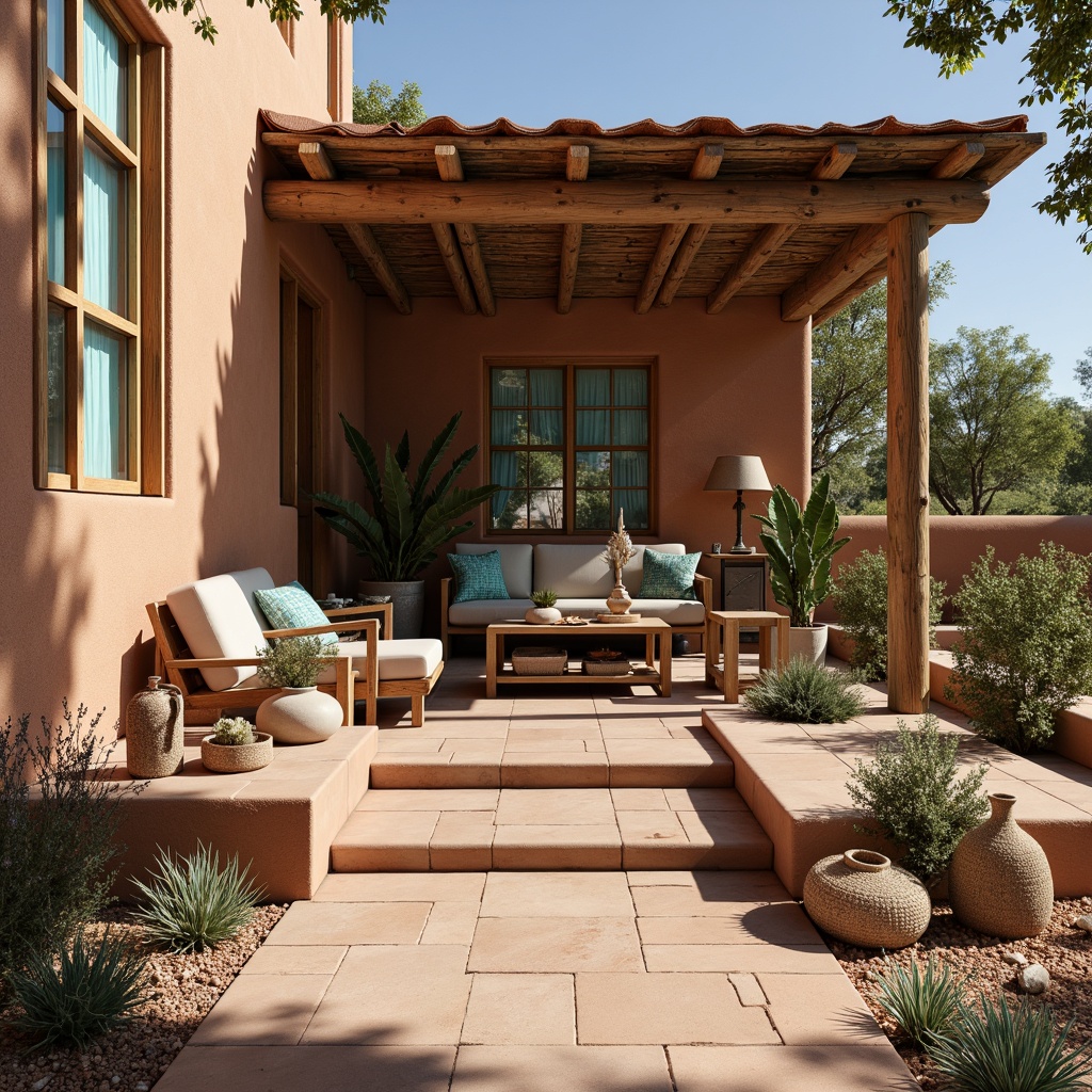 Prompt: Adobe earth tones, rustic wooden accents, natural stone walls, curved lines, terracotta roof tiles, ornate ironwork, vibrant turquoise accents, geometric patterns, Southwestern-inspired textiles, woven baskets, clay pottery, desert flora, cacti, succulents, warm sunny day, soft shadows, high contrast lighting, 1/2 composition, shallow depth of field, realistic renderings.