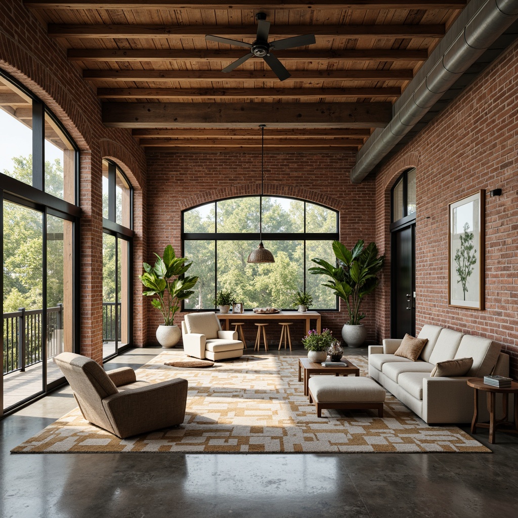 Prompt: Exposed brick walls, concrete floors, industrial metal beams, minimalist decor, reclaimed wood accents, natural textiles, earthy color palette, abundance of natural light, floor-to-ceiling windows, sliding glass doors, open-plan living area, functional zoning, cozy reading nooks, plush sectional sofas, geometric-patterned rugs, pendant lighting fixtures, modern industrial chandeliers, greenery walls, lush hanging plants, airy atmosphere, soft warm glow, 1/1 composition, shallow depth of field, realistic textures, ambient occlusion.