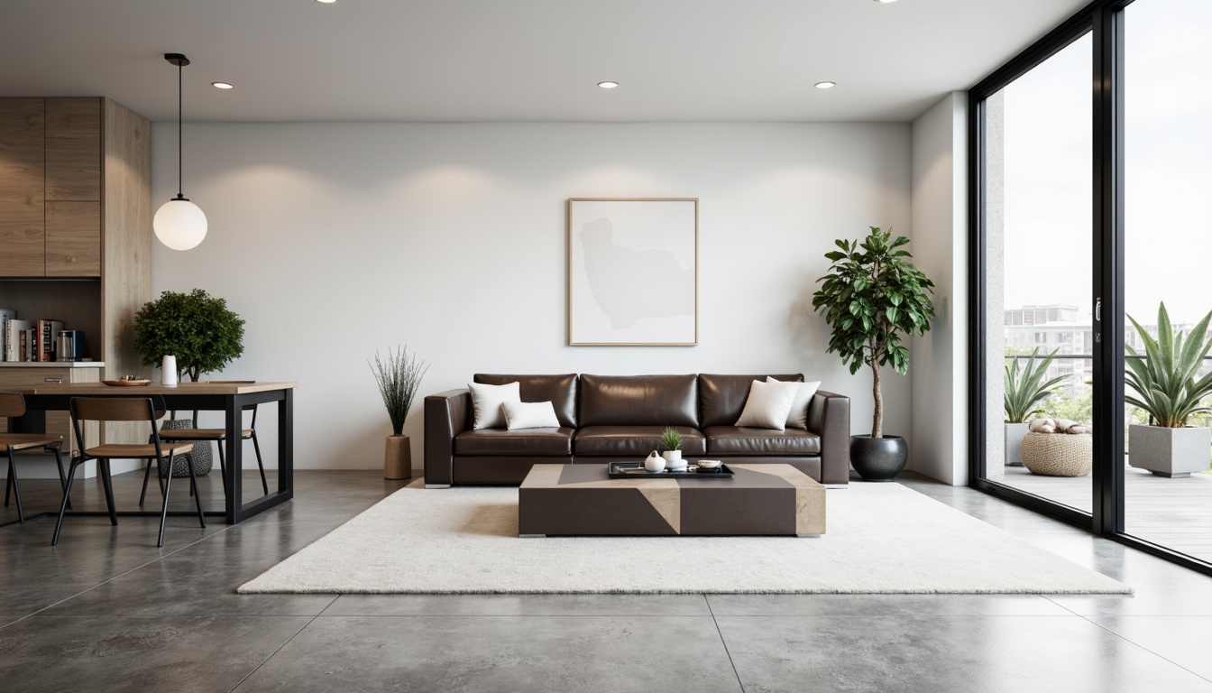 Prompt: Minimalist living room, sparse decor, low-profile furniture, sleek lines, monochromatic color scheme, neutral tones, natural light, floor-to-ceiling windows, sliding glass doors, polished concrete floors, geometric-shaped coffee table, leather-upholstered sofa, industrial-chic metal chairs, potted plants, subtle textures, soft ambient lighting, 1/1 composition, shallow depth of field, realistic materials.