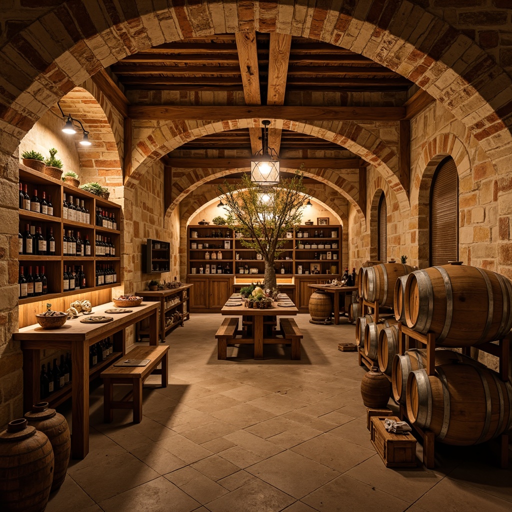 Prompt: Rustic wine cellar, distressed stone walls, reclaimed wood accents, earthy color palette, wooden barrel displays, dim warm lighting, arched doorways, brick arches, natural stonework, vintage wine barrels, wine tasting tables, wooden crates, old world charm, cozy intimate atmosphere, soft ambient glow, shallow depth of field, 1/2 composition, warm golden tones.