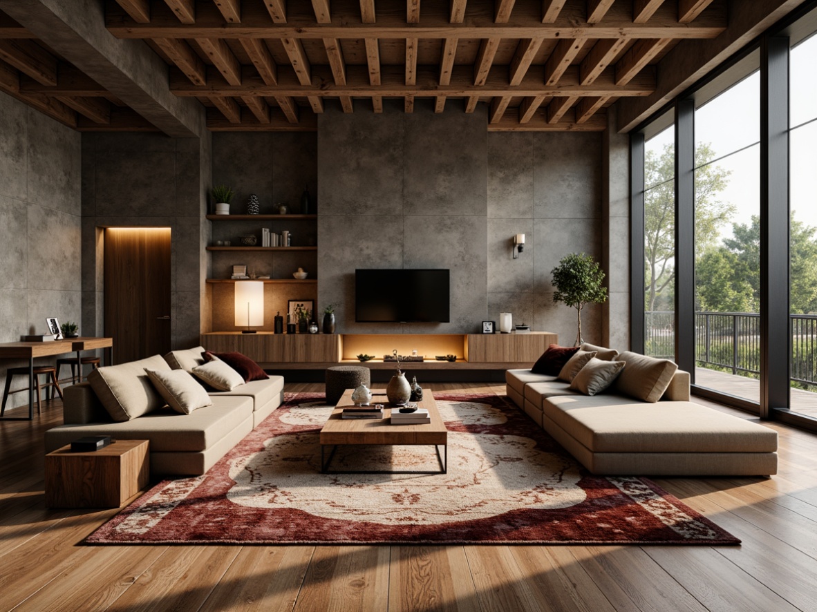 Prompt: Luxurious living room, rich wood flooring, plush area rugs, velvet sofas, metallic accents, natural stone walls, industrial concrete ceilings, reclaimed wooden beams, minimalist decor, warm ambient lighting, soft shadows, high-contrast textures, juxtaposed materials, earthy tones, sophisticated color palette, 1/1 composition, dramatic focal point, realistic reflections, subtle atmospheric effects.