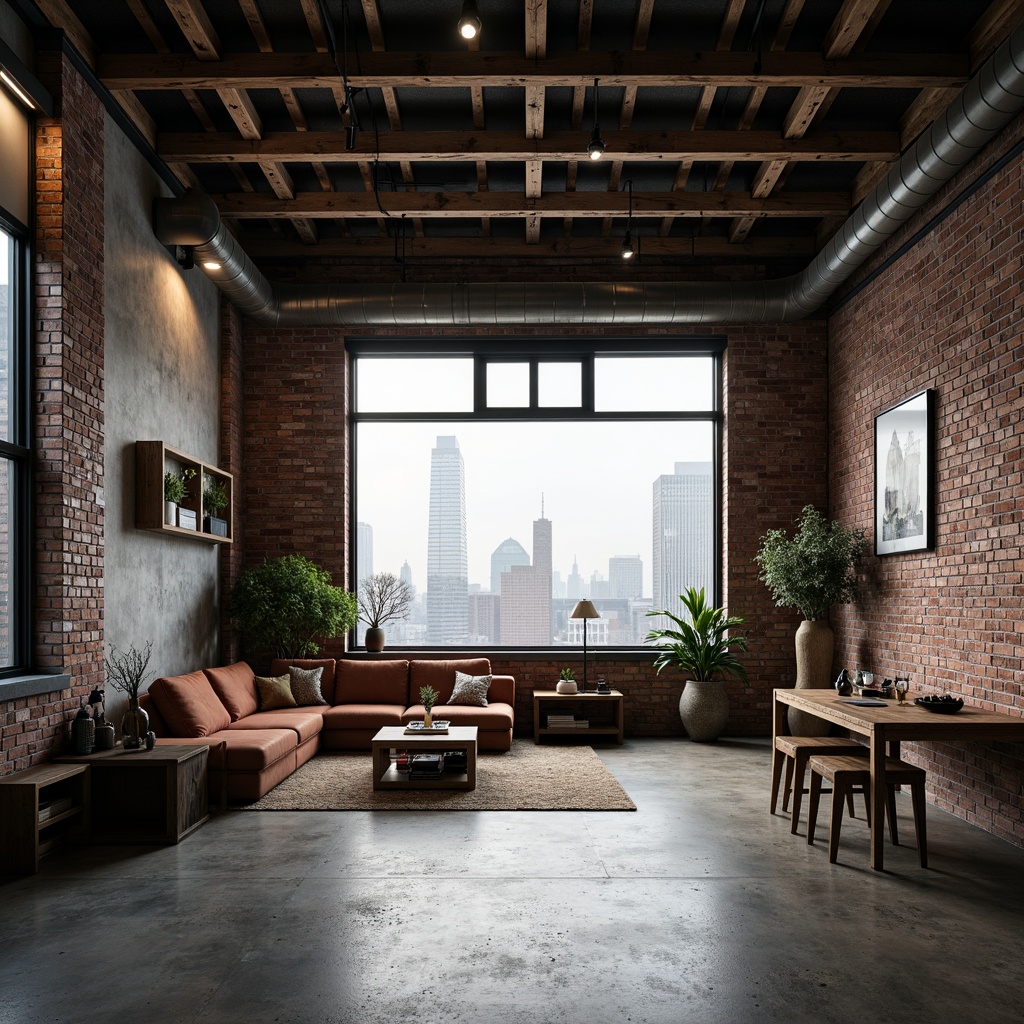 Prompt: Rustic industrial loft, exposed steel beams, concrete floors, brick walls, metal columns, urban skyline views, minimalist decor, reclaimed wood accents, Edison lighting, industrial pipes, modern brutalist architecture, raw unfinished textures, dramatic shadows, high ceilings, open space, natural light pouring in, 1/1 composition, atmospheric misting, gritty realistic rendering.