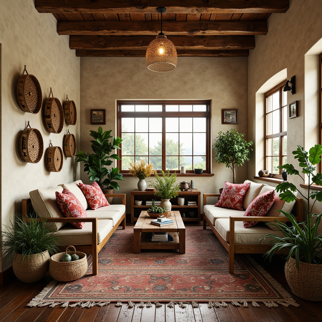 Prompt: Rustic farmhouse, vintage eclectic style, distressed wood accents, woven baskets, natural fabrics, floral patterns, bold stripes, geometric shapes, earthy tones, warm beige walls, reclaimed wood floors, industrial metal lighting, exposed brick ceilings, lush greenery, potted plants, wooden furniture, ornate decorative frames, soft warm lighting, shallow depth of field, 1/1 composition, realistic textures, ambient occlusion.