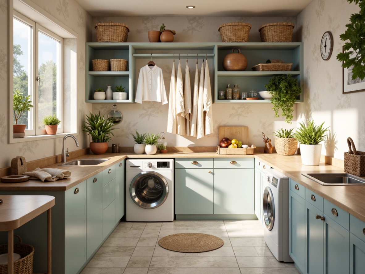 Prompt: Cozy laundry room, soft pastel hues, calming whites, creamy beiges, gentle blues, warm wood accents, natural stone countertops, vintage metal appliances, woven baskets, hanging clotheslines, earthy terracotta pots, lush green plants, softbox lighting, shallow depth of field, 2/3 composition, realistic textures, ambient occlusion.