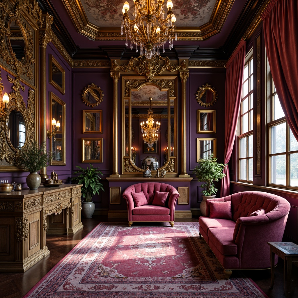 Prompt: Ornate Baroque craft room, rich velvet fabrics, golden filigree accents, intricately carved wooden furniture, ornamental mirrors, lavish chandeliers, luxurious silk drapes, antique bronze hardware, distressed leather upholstery, regal purple walls, soft warm lighting, shallow depth of field, 3/4 composition, realistic textures, ambient occlusion.