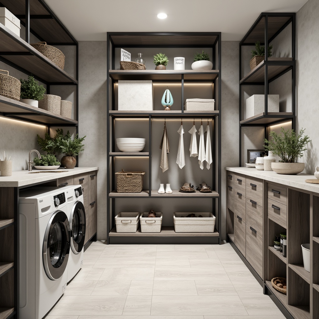 Prompt: Modern laundry room, sleek metal shelving, minimalist design, ample storage cabinets, soft-close drawers, built-in ironing boards, foldable drying racks, hidden laundry baskets, eco-friendly detergents, energy-efficient appliances, bright LED lighting, 3/4 composition, shallow depth of field, realistic textures, ambient occlusion.