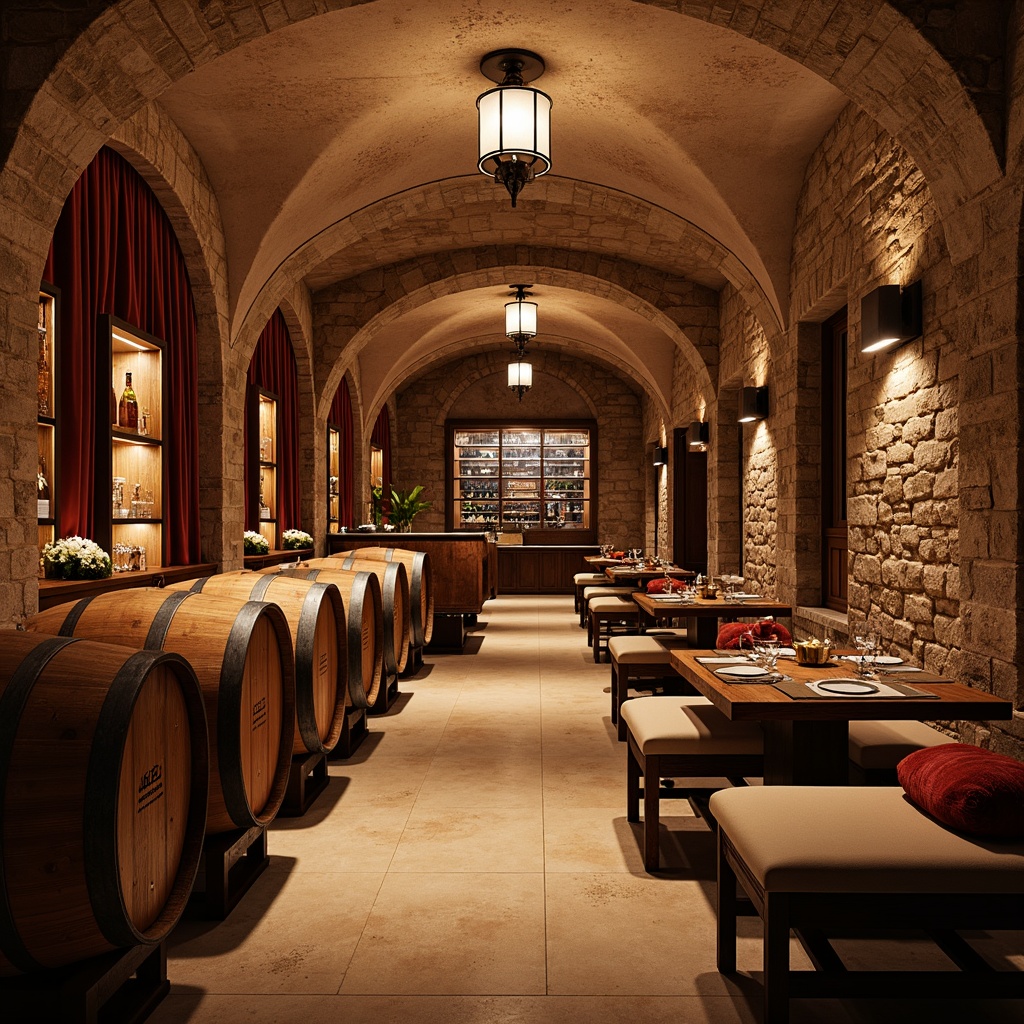 Prompt: Rustic wine cellar, warm earthy tones, reclaimed wood accents, stone walls, arched ceilings, dimmable ambient lighting, soft candlelight, pendant lanterns, metal chandeliers, warm beige flooring, wooden wine barrels, vintage wine-making equipment, cozy seating areas, rich velvet drapes, ornate metalwork, elegant glassware, intimate dining spaces, subtle color temperature adjustments, dramatic spotlighting, 1/1 composition, high contrast ratio, realistic wood textures, ambient occlusion.