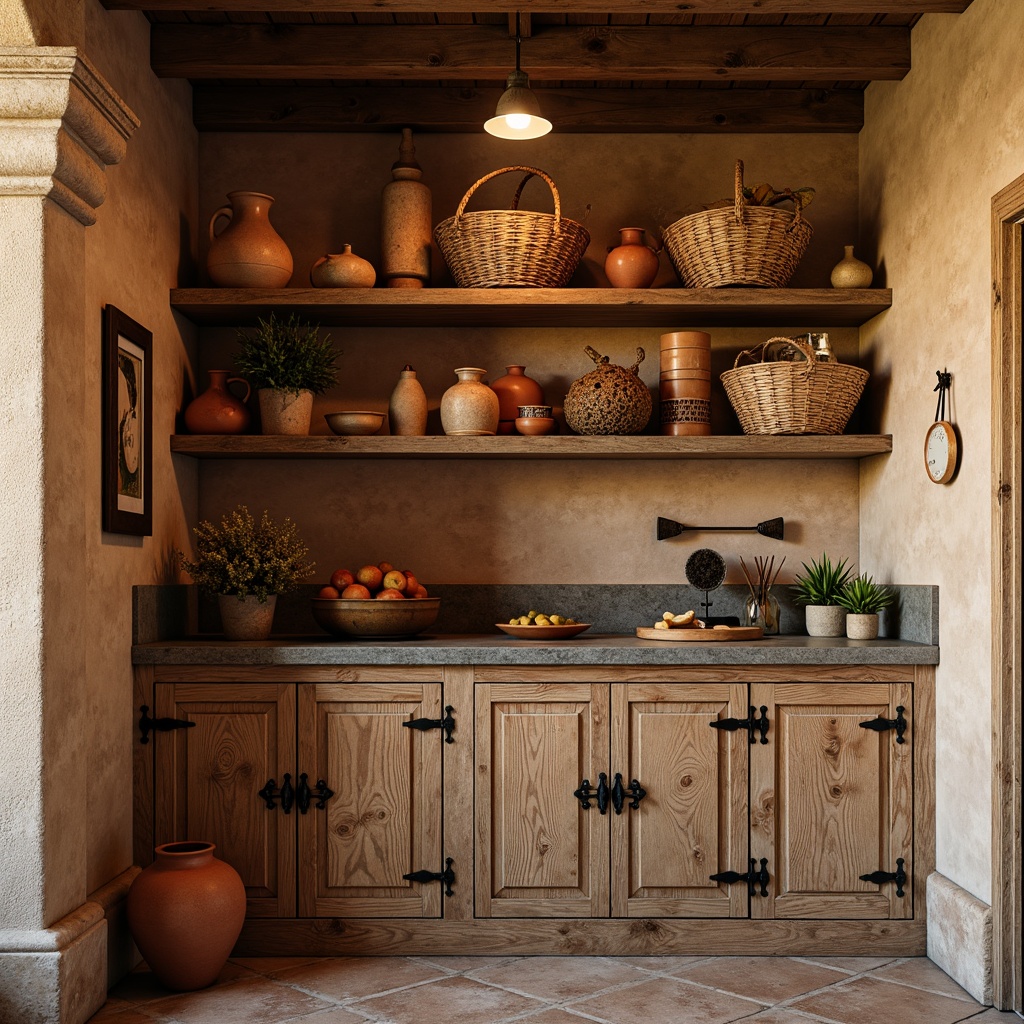 Prompt: Warm Mediterranean pantry, rustic wooden shelves, woven baskets, terracotta pottery, earthy color palette, natural stone countertops, distressed wood cabinetry, ornate metal hardware, vintage-inspired decor, soft warm lighting, 1/1 composition, cozy intimate atmosphere, realistic textures, ambient occlusion.