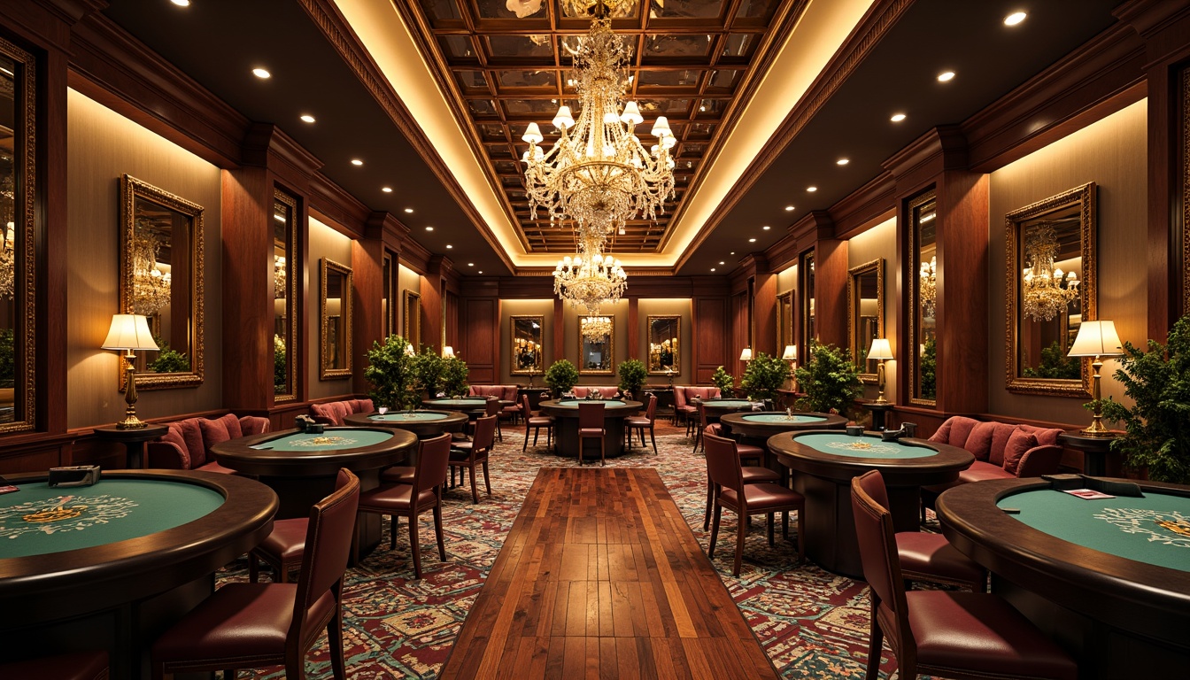 Prompt: Luxurious casino interior, French country style, elegant chandeliers, ornate mirrors, rich wood accents, plush area rugs, sophisticated gaming tables, comfortable seating areas, lavish VIP lounges, dark wood flooring, polished marble surfaces, intricate inlays, soft warm lighting, shallow depth of field, 3/4 composition, realistic textures, ambient occlusion.