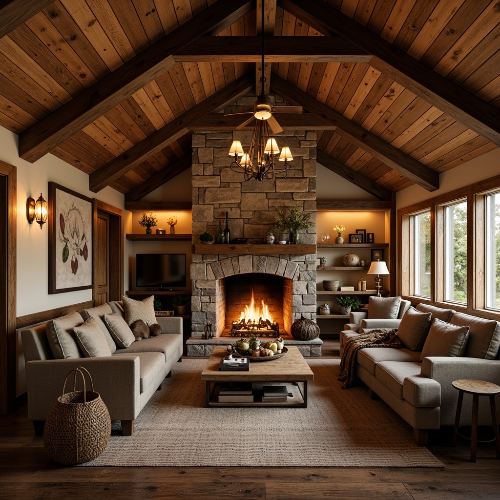 Prompt: Rustic cabin interior, wooden beams, stone fireplace, warm candlelight, soft lanterns, pendant lamps, metal chandeliers, distressed wood accents, earthy color palette, natural textiles, woven baskets, vintage furniture pieces, cozy reading nooks, comfortable plush armchairs, rich leather upholstery, warm beige walls, rustic wooden floors, subtle ambient lighting, 1/2 composition, shallow depth of field, softbox lighting, realistic shadows.