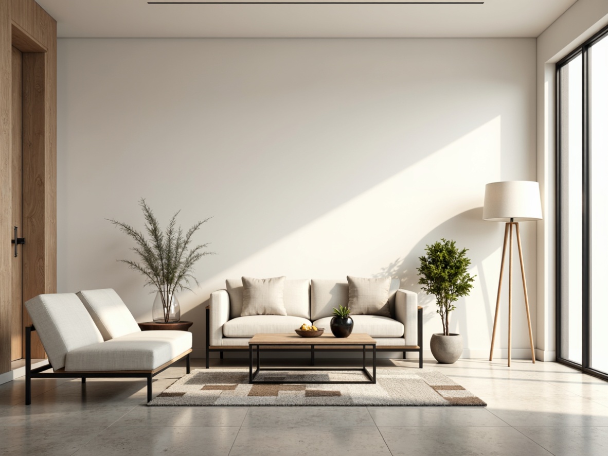 Prompt: Minimalist living room, low-profile sofa, sleek coffee table, industrial metal legs, monochromatic color scheme, creamy white walls, polished concrete floor, geometric patterned rug, modern floor lamp, minimalist decor, sparse greenery, natural light pouring in, airy atmosphere, shallow depth of field, 1/1 composition, soft warm lighting, realistic textures, ambient occlusion.