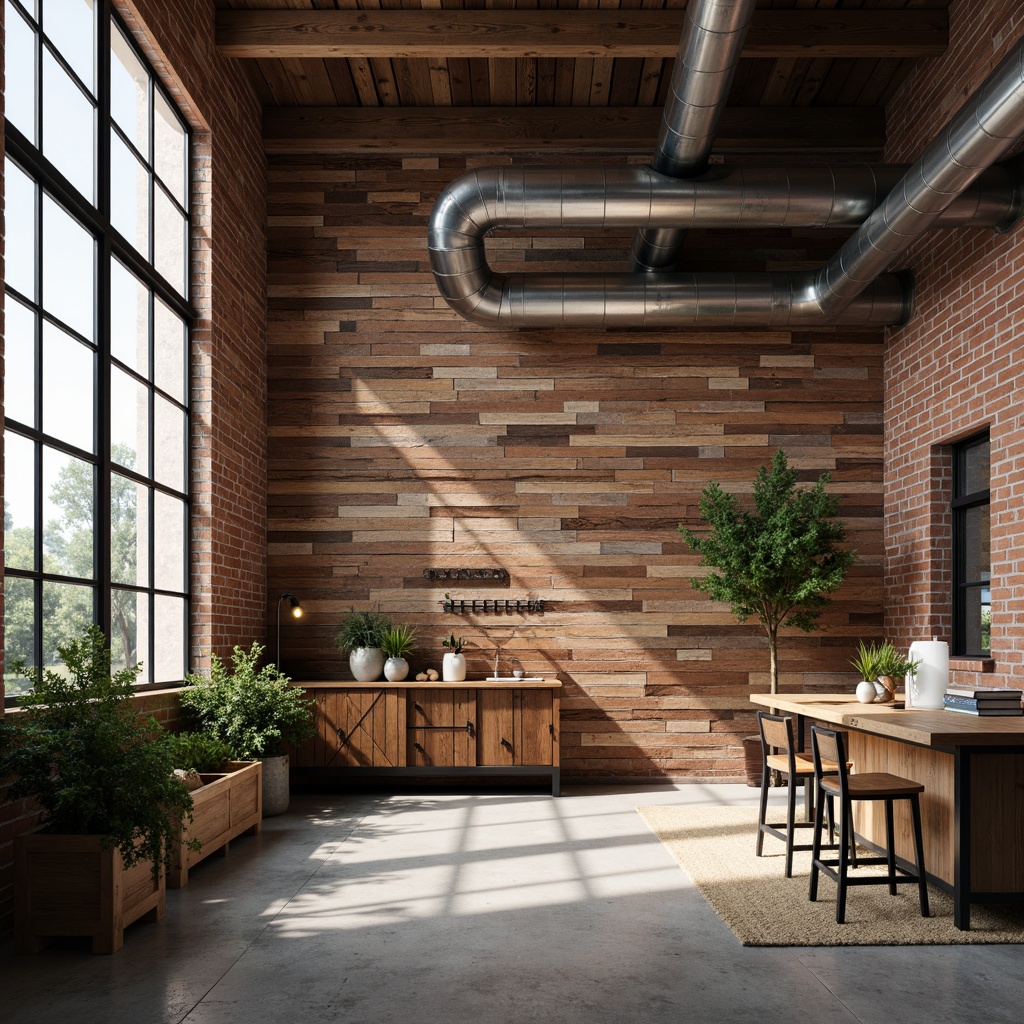 Prompt: Rustic industrial setting, reclaimed wood accents, distressed metal textures, exposed brick walls, concrete flooring, urban loft atmosphere, natural light pouring in, large windows, minimalist decor, functional pipes, metal beams, Edison bulb lighting, warm color palette, cozy ambiance, shallow depth of field, 1/2 composition, realistic materials, ambient occlusion.