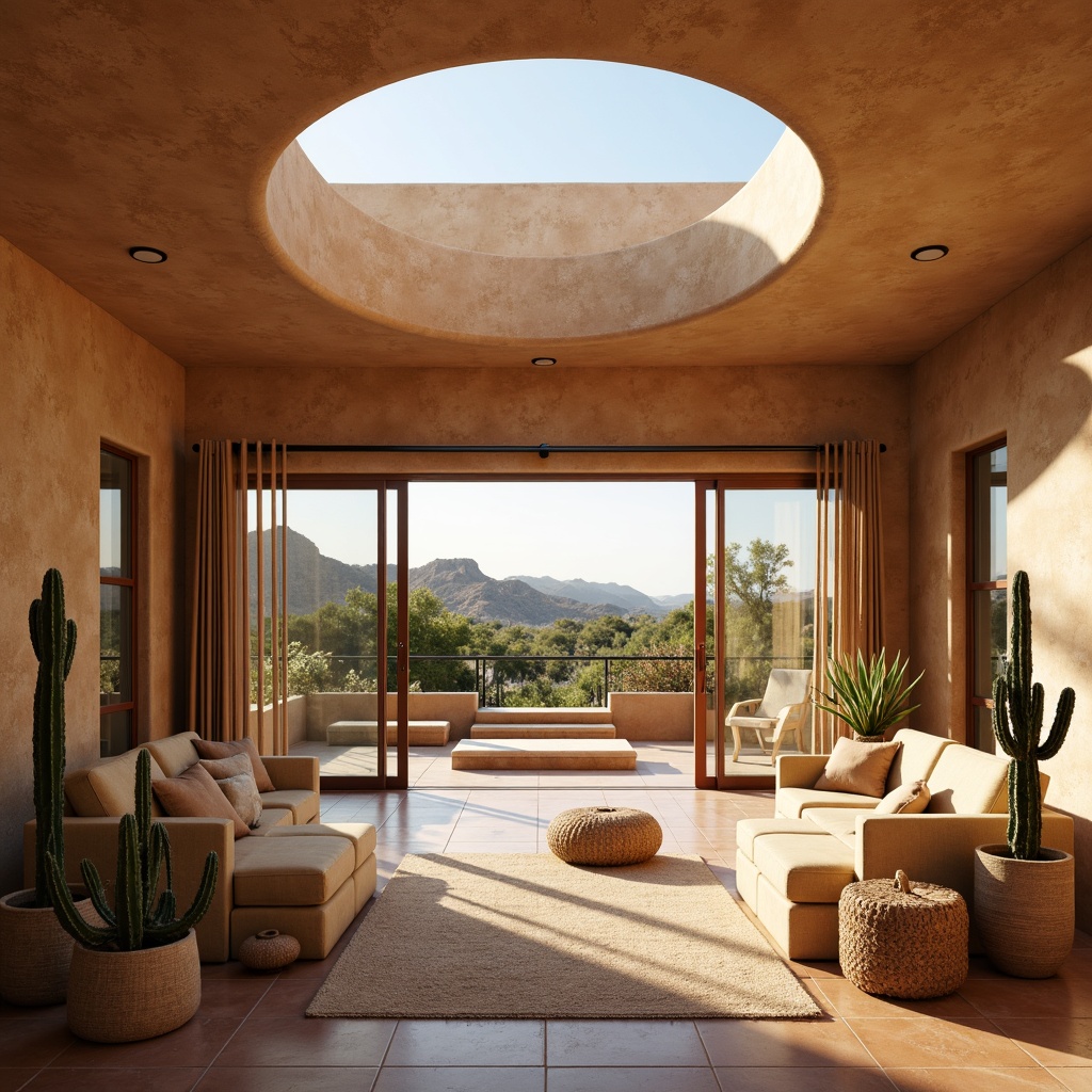 Prompt: Southwestern villa, warm earthy tones, stucco exterior, curved lines, vast open spaces, floor-to-ceiling windows, sliding glass doors, clerestory windows, skylights, reflective surfaces, bright interior color scheme, natural textiles, woven baskets, potted cacti, desert landscape views, morning sunlight, soft warm lighting, shallow depth of field, 1/1 composition, realistic textures, ambient occlusion.