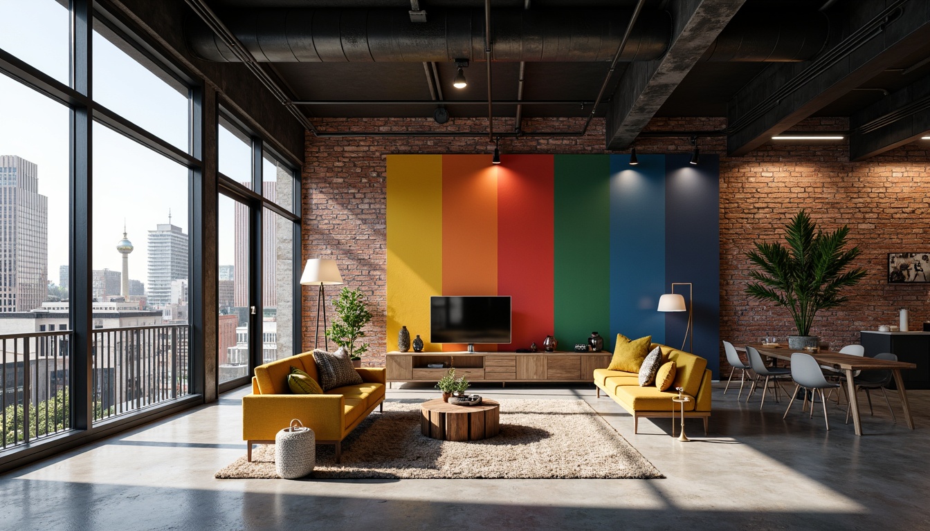 Prompt: Industrial chic loft, exposed brick walls, polished concrete floors, metal beams, reclaimed wood accents, monochromatic color scheme, pops of bright yellow, bold red, deep blue, and lime green, industrial lighting fixtures, minimalist decor, functional furniture pieces, urban cityscape views, natural light pouring in, 3/4 composition, high contrast ratio, vibrant textures, atmospheric ambient occlusion.