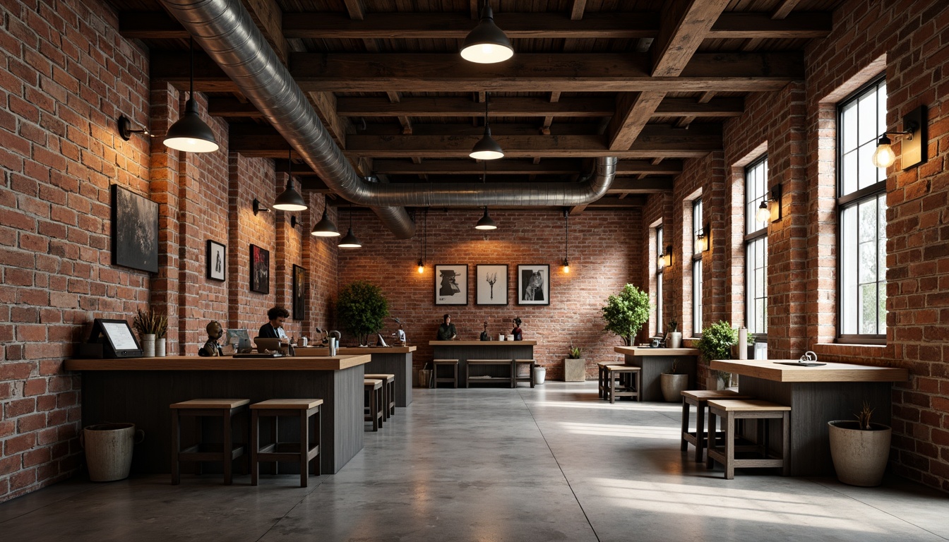 Prompt: Exposed brick walls, metal beams, industrial-style lamps, pendant lighting, Edison bulbs, reclaimed wood accents, urban loft atmosphere, high ceilings, concrete floors, minimalist decor, functional workspaces, task-oriented lighting, adjustable arm lamps, metal shades, distressed finishes, vintage machinery, modern industrial chic, warm color tones, dramatic shadows, 1/1 composition, softbox lighting, realistic reflections.