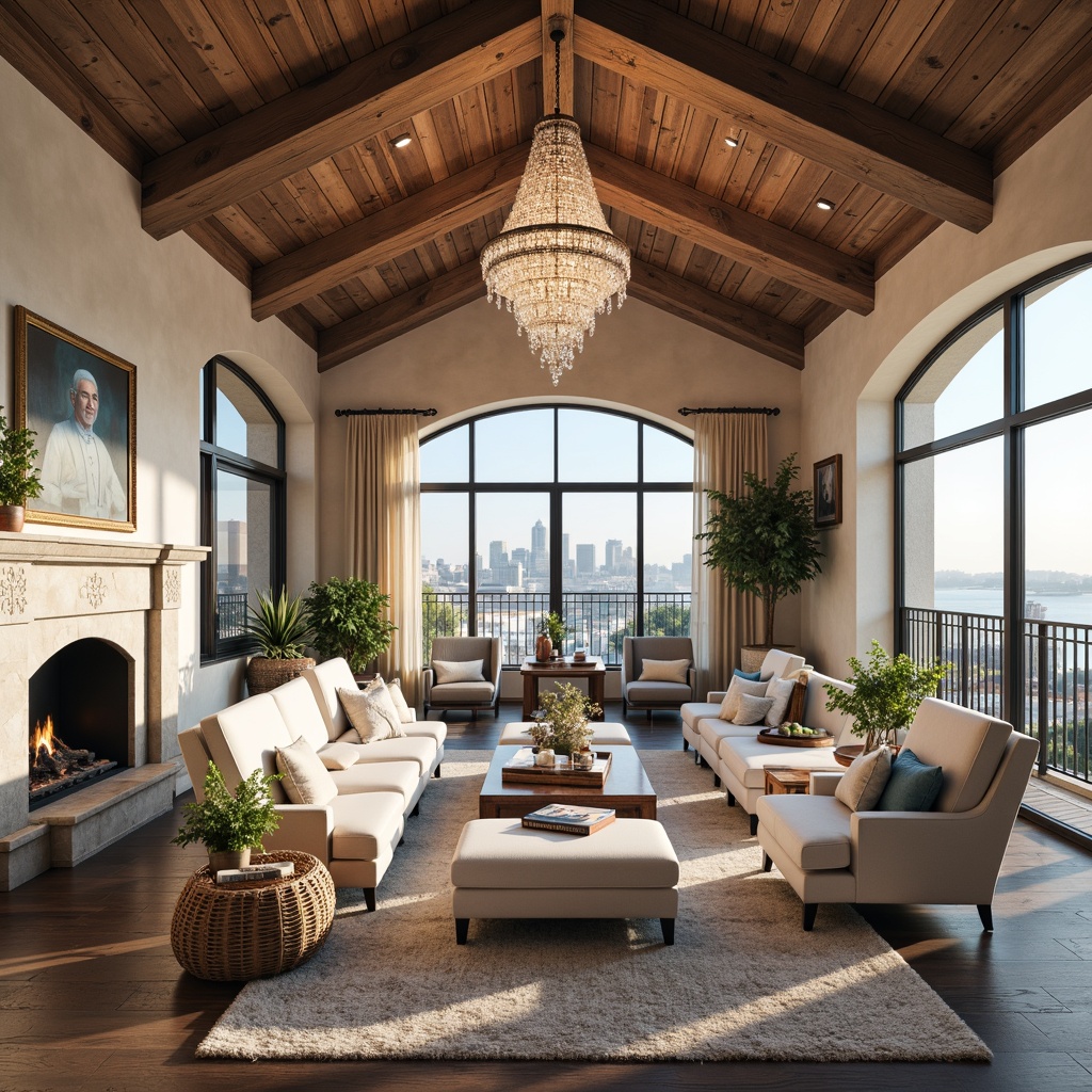 Prompt: Luxurious penthouse, French country style, soft warm lighting, elegant chandeliers, crystal pendant lights, rustic wooden beams, natural stone walls, cozy fireplaces, plush area rugs, comfortable sofas, vintage decorative items, distressed wood furniture, pastel color palette, warm beige tones, creamy whites, soft blues, ornate metalwork, curved lines, traditional European architecture, upscale urban living, city skyline views, panoramic windows, 1/1 composition, shallow depth of field, realistic textures, ambient occlusion.