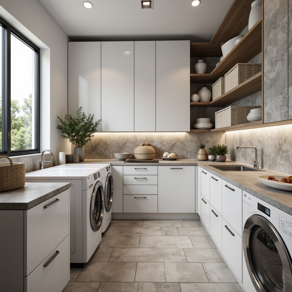 Prompt: Modern laundry room, sleek cabinets, chrome handles, minimalist decor, soft-close drawers, adjustable shelving, compact storage units, ergonomic design, natural stone countertops, stainless steel appliances, hidden laundry baskets, sliding doors, LED lighting, bright airy atmosphere, shallow depth of field, 1/1 composition, realistic textures, ambient occlusion.