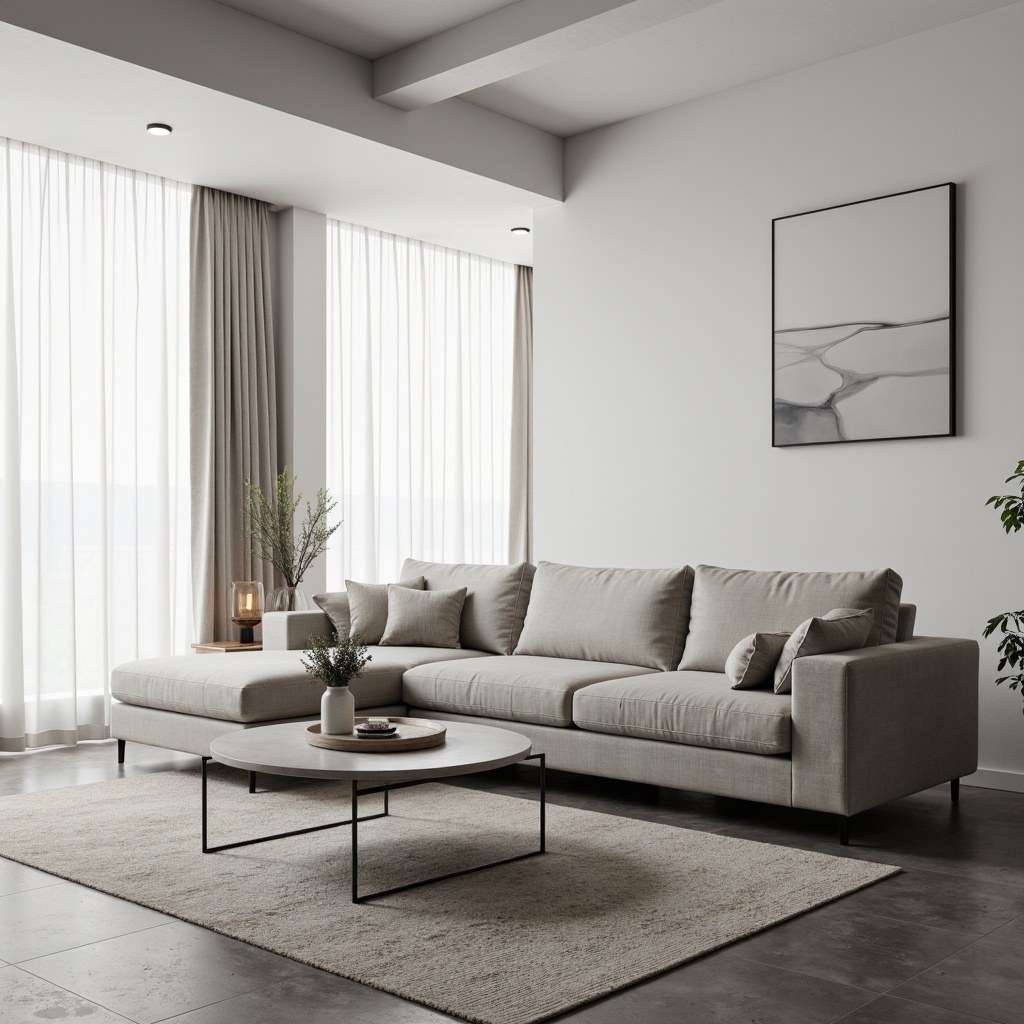 Prompt: Minimalist living room, low-profile sofa, sleek coffee table, sparse decorative objects, monochromatic color scheme, natural light pouring in, sheer curtains, polished concrete floor, industrial-chic metal legs, geometric-shaped rug, minimalist wall art, subtle texture contrasts, airy open space, 1/1 composition, softbox lighting, shallow depth of field.