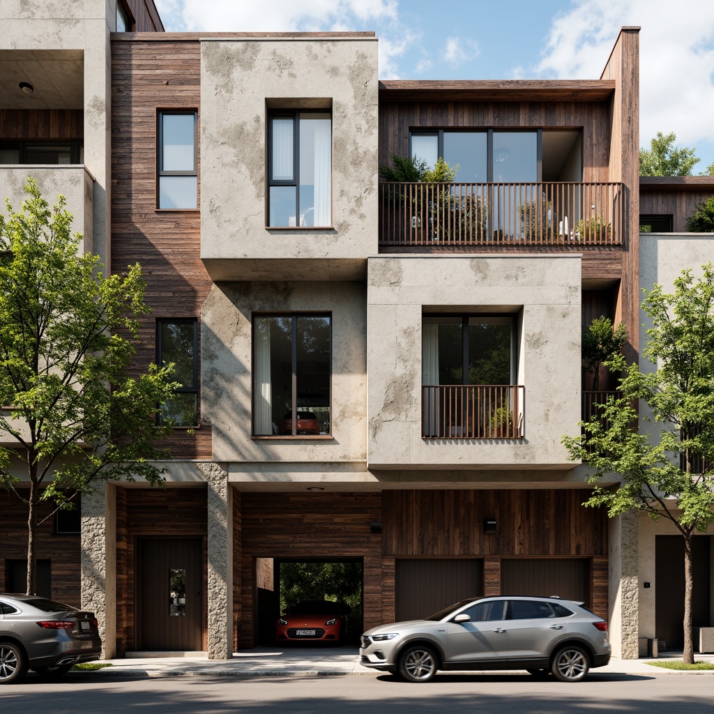 Prompt: Rustic postmodern building facade, distressed concrete walls, weathered wooden accents, corrugated metal cladding, rough-hewn stone columns, irregularly shaped windows, fragmented glass panels, asymmetrical composition, bold color blocking, tactile brick textures, distressed plaster finishes, industrial chic atmosphere, urban cityscape background, dramatic shadows, high-contrast lighting, 1/1 composition, realistic material renderings.