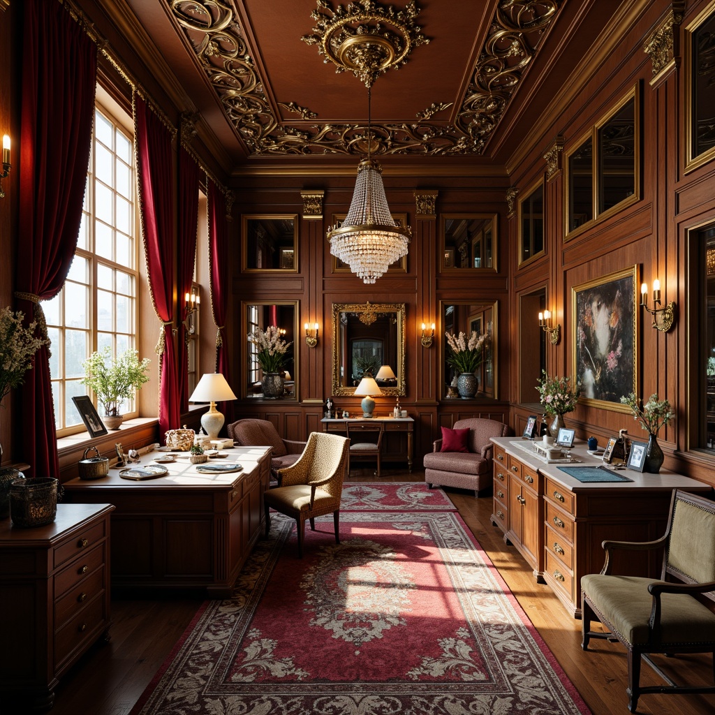 Prompt: Ornate craft room, rich wood tones, gilded frames, velvet drapes, intricately carved wooden furniture, ornamental mirrors, crystal chandeliers, luxurious textiles, golden accents, lavish decorations, elegant workspace, Baroque-inspired cabinetry, antique hardware, soft warm lighting, dramatic shadows, 1/1 composition, realistic reflections, ambient occlusion.