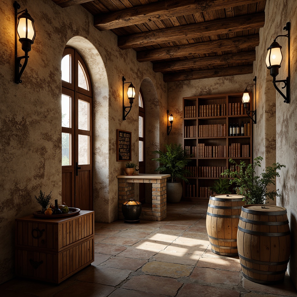 Prompt: Rustic wine cellar, wooden crates, vintage wine barrels, distressed stone walls, earthy color palette, reclaimed wood shelving, metal lanterns, arched windows, wooden latticework, worn leather-bound books, dim warm lighting, shallow depth of field, 1/1 composition, realistic textures, ambient occlusion.