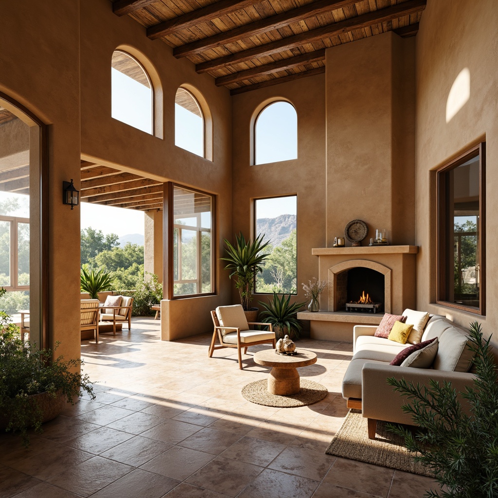 Prompt: Villa southwestern style, stucco exterior walls, curved archways, wooden beam ceilings, rustic stone fireplaces, earthy tone color palette, large windows, sliding glass doors, clerestory windows, high ceilings, open floor plans, natural stone flooring, woven textiles, rattan furniture, lush greenery, cacti plants, desert landscape, sunny day, soft warm lighting, shallow depth of field, 3/4 composition, panoramic view, realistic textures, ambient occlusion.