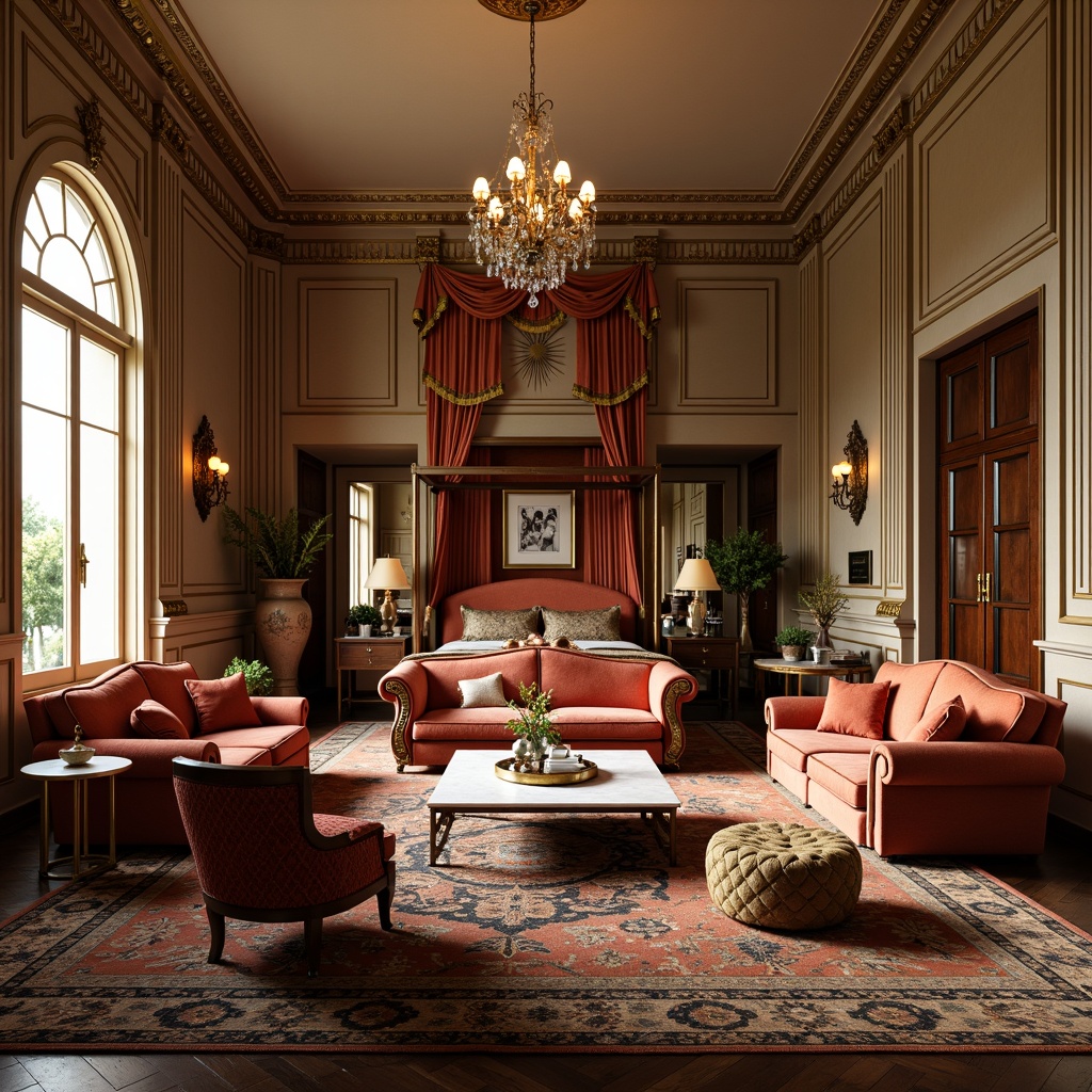 Prompt: Elegant neoclassical interior, ornate furnishings, velvet upholstered sofas, intricately carved wooden chairs, gilded metal accents, crystal chandeliers, marble topped coffee tables, tufted ottomans, richly patterned rugs, stately four-poster beds, grandiose armoires, refined silk drapes, classical columns, symmetrical composition, warm golden lighting, soft focus, 1/2 composition, realistic textures, ambient occlusion.