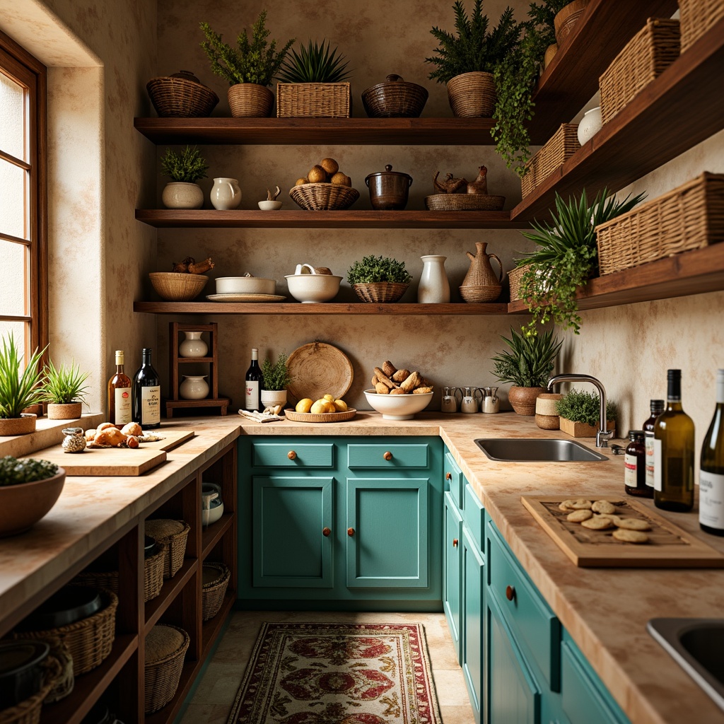 Prompt: Cozy Mediterranean pantry, warm earthy tones, rustic wooden shelves, ceramic jars, woven baskets, aromatic spices, fresh herbs, olive oils, balsamic vinegars, artisanal cheeses, cured meats, crusty breads, vibrant turquoise accents, natural stone countertops, soft warm lighting, shallow depth of field, 1/1 composition, realistic textures, ambient occlusion.