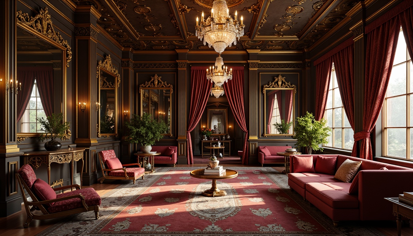 Prompt: Opulent baroque lounge, lavish furnishings, intricate carvings, ornate mirrors, crystal chandeliers, grandiose drapery, luxurious velvet fabrics, rich jewel tones, gleaming glass accents, delicate filigree patterns, ornamental metalwork, gilded details, majestic high ceilings, dramatic archways, soft warm lighting, subtle shadows, 1/2 composition, shallow depth of field, realistic textures.