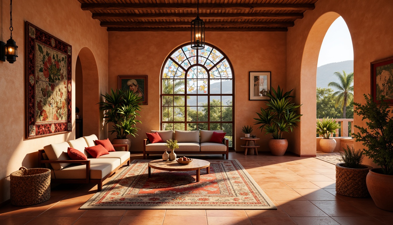 Prompt: Vibrant southwestern villa interior, ornate stained glass windows, warm earthy tones, rustic wooden accents, terracotta floors, arched doorways, colorful tapestries, plush furnishings, lantern-inspired lighting fixtures, natural textiles, desert botanicals, soft warm illumination, shallow depth of field, 1/1 composition, realistic textures, ambient occlusion.