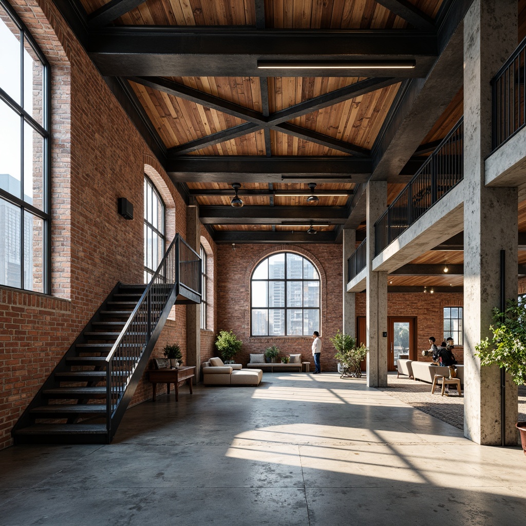 Prompt: Exposed brick walls, industrial metal beams, reclaimed wood accents, urban loft atmosphere, raw concrete floors, minimalist decor, brutalist architecture, high ceilings, large windows, natural light, cityscape views, steel staircase, metal railings, Edison bulb lighting, distressed wood textures, rough-hewn stone columns, modern industrial chic, 1/1 composition, shallow depth of field, warm softbox lighting.