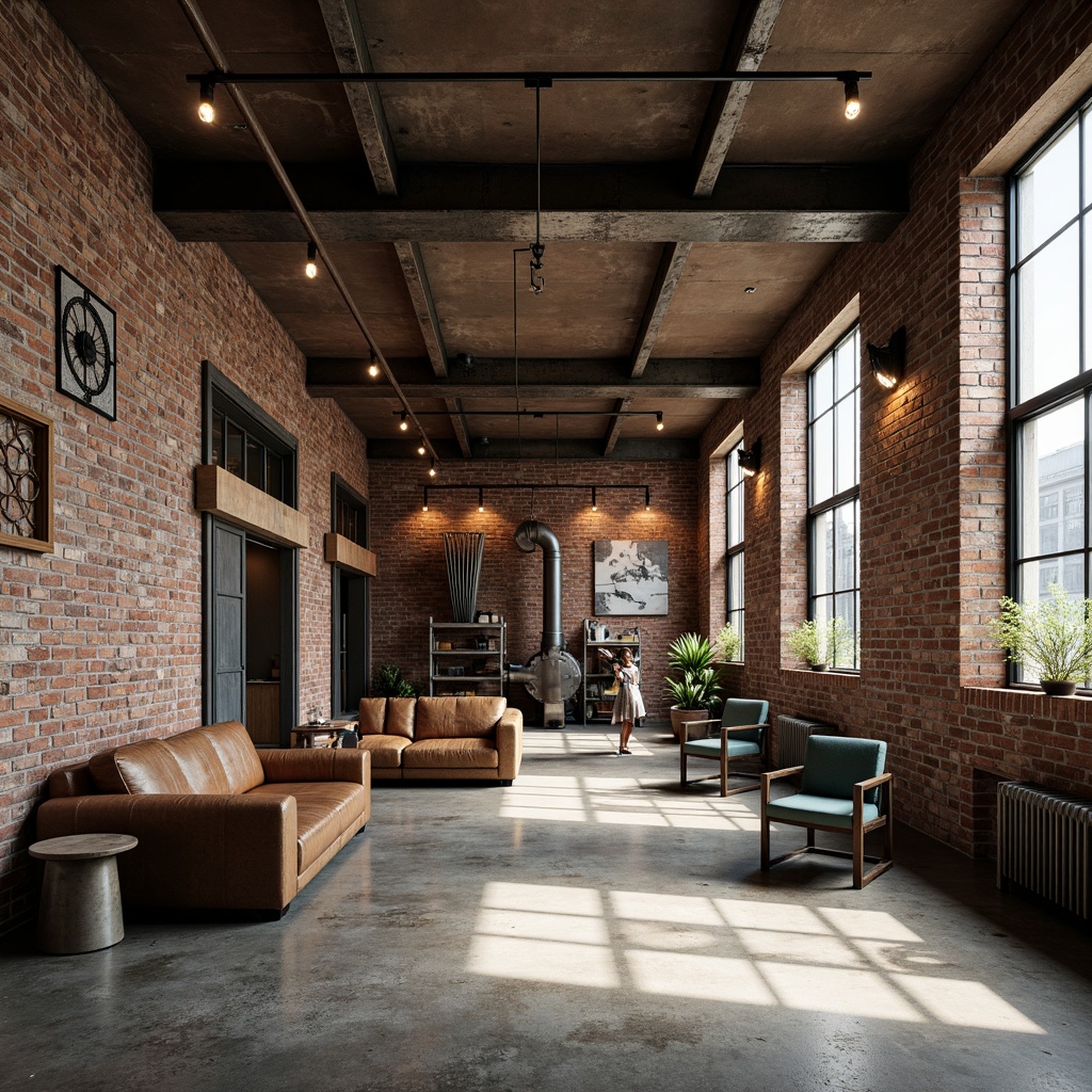 Prompt: Rustic factory setting, exposed brick walls, metal beams, reclaimed wood accents, industrial lighting fixtures, concrete floors, urban loft atmosphere, distressed finishes, vintage machinery, metallic textures, worn leather furnishings, Edison bulb pendant lights, functional decor, utilitarian aesthetic, neutral color palette, high ceilings, open spaces, modern minimalist touches, natural light pouring in, shallow depth of field, 1/2 composition.