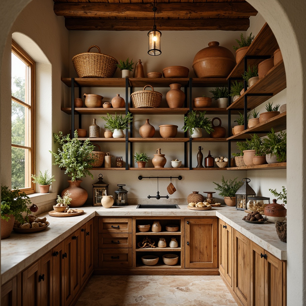 Prompt: Warm Mediterranean pantry, rustic wooden shelves, distressed finishes, woven baskets, earthy terracotta pots, aromatic herbs, vintage kitchen utensils, ornate metal lanterns, natural stone countertops, soft warm lighting, shallow depth of field, 3/4 composition, warm beige colors, rough-hewn wood textures, ambient occlusion.