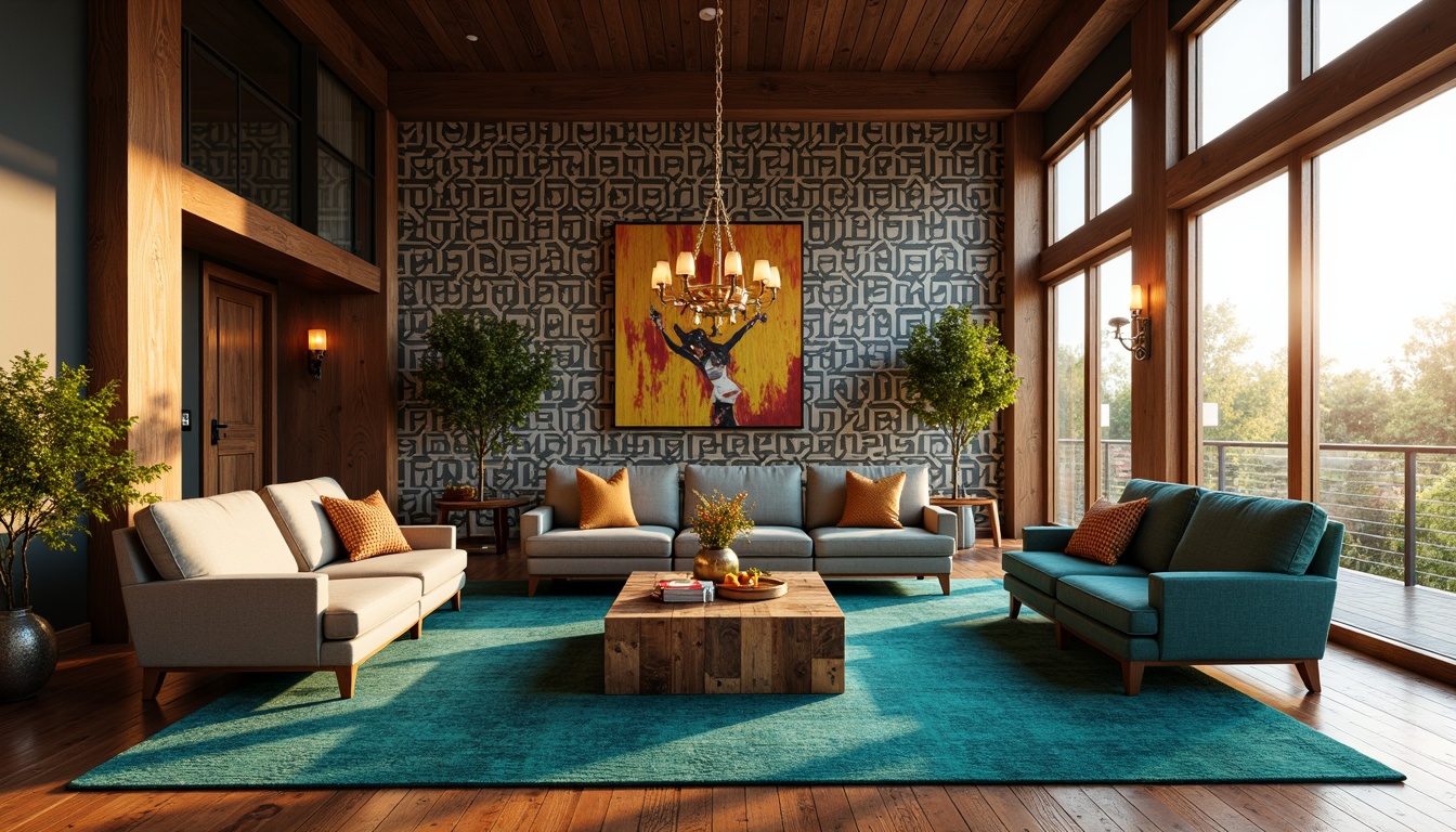 Prompt: Elegant living room, statement wallpaper, bold geometric patterns, rich wood flooring, luxurious velvet sofas, metallic accents, industrial-chic lighting fixtures, reclaimed wooden coffee tables, eclectic decorative accessories, vibrant turquoise rugs, floor-to-ceiling windows, natural light pouring in, warm golden hour, shallow depth of field, 1/2 composition, atmospheric misting.