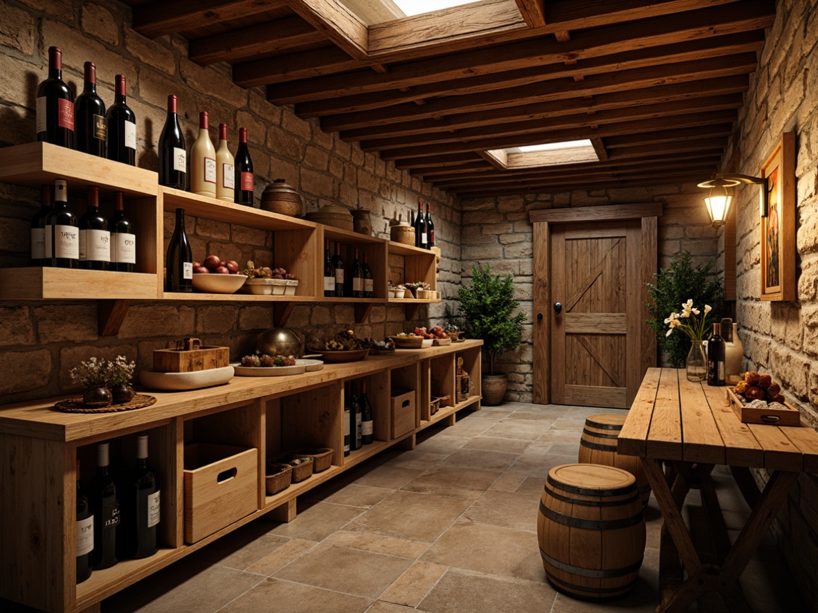 Prompt: Rustic wine cellar, wooden crates, vintage barrels, earthy stone walls, distressed wood shelving, metal accents, lantern lighting, cozy ambiance, natural textures, warm color palette, wooden wine racks, reclaimed wood furniture, rustic metalwork, earthy scent, intimate setting, soft focus, shallow depth of field, 1/2 composition, warm warm lighting, realistic wood grain.