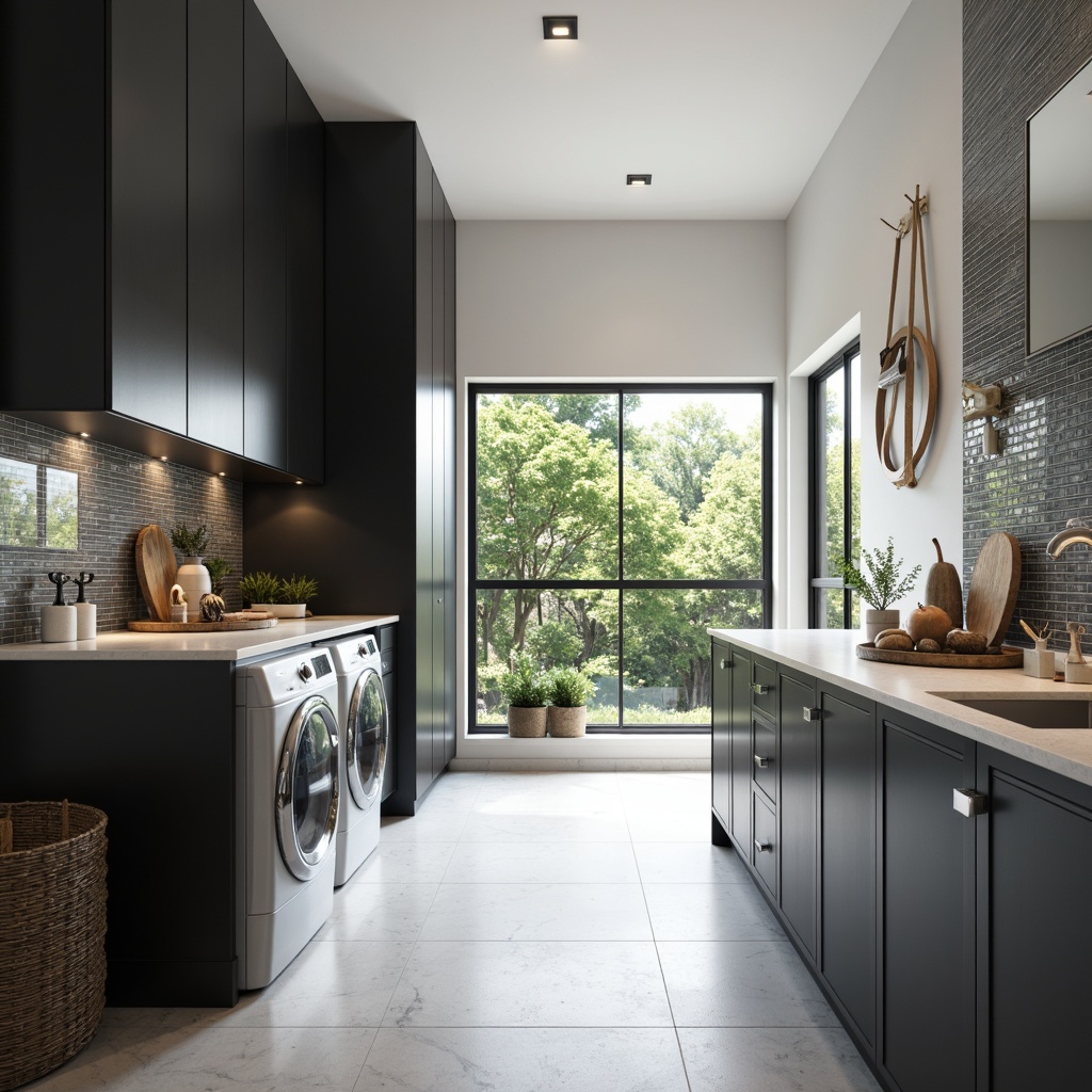 Prompt: Elegant laundry room, stylish cabinets, modern minimalist design, sleek handleless doors, matte black finishes, soft-close drawers, chrome hardware, pendant lighting, white Carrara marble countertops, gray glass tile backsplash, floor-to-ceiling windows, natural light pouring in, airy atmosphere, 3/4 composition, shallow depth of field, realistic textures.