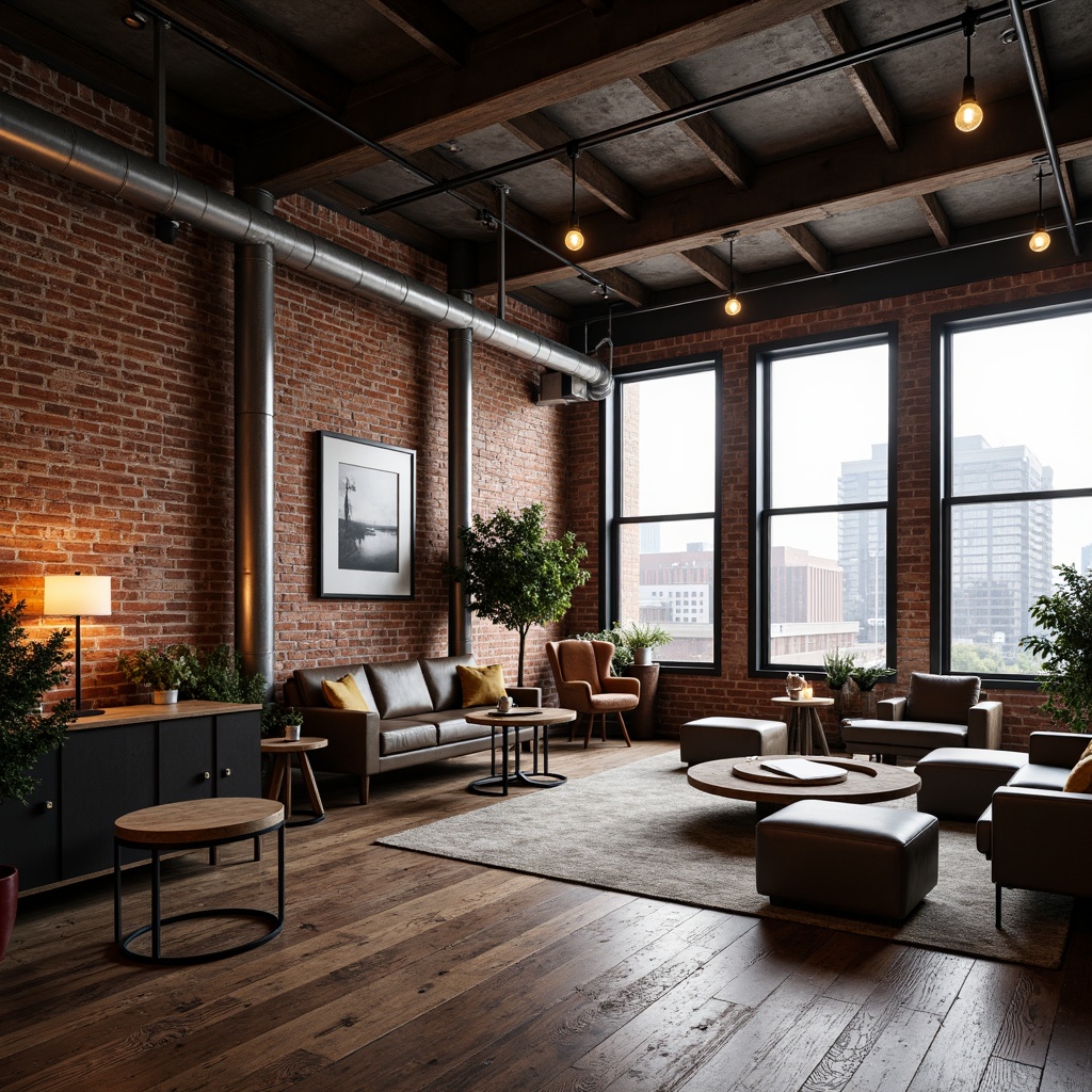 Prompt: Exposed brick walls, metal beams, reclaimed wood floors, industrial-style lighting fixtures, distressed concrete textures, urban loft atmosphere, modern minimalist decor, functional metal pipes, Edison bulb lamps, raw unfinished aesthetic, cityscape views, converted warehouse space, high ceilings, open floor plans, eclectic vintage furniture, bold color accents, dynamic shadows, dramatic contrast, 3/4 composition, shallow depth of field, realistic rendering.