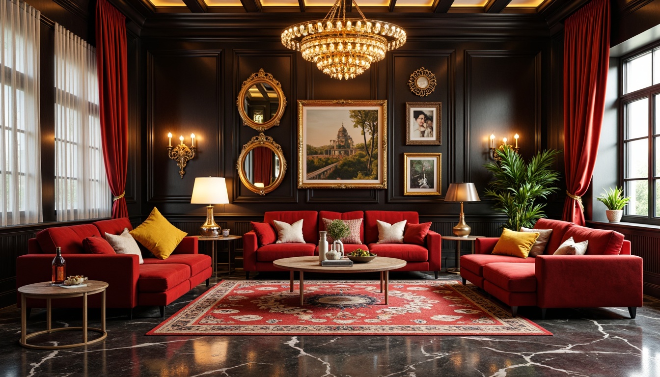 Prompt: Elegant living room, rich velvet furniture, ornate gold frames, luxurious marble floors, statement lighting fixtures, plush area rugs, vibrant colorful throw pillows, decorative vases, intricately carved wooden accents, lavish curtains, warm cozy ambiance, softbox lighting, 1/1 composition, realistic textures, ambient occlusion.