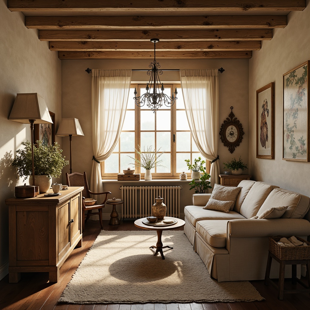 Prompt: Rustic French country cottage, vintage distressed furniture, soft candlelight, warm beige walls, natural linen fabrics, elegant lace trimmings, subtle floral patterns, muted earthy tones, woven baskets, antique wooden accents, delicate porcelain vases, fresh flower arrangements, light airy drapery, billowy curtains, romantic chandeliers, worn velvet upholstery, distressed leather armchairs, natural fiber rugs, soft golden lighting, shallow depth of field, 1/2 composition, warm inviting atmosphere.