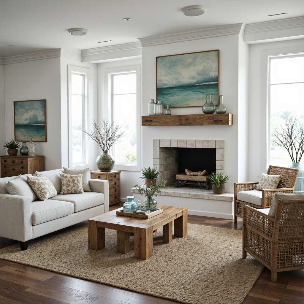 Prompt: Coastal living room, weathered wood accents, driftwood coffee tables, natural fiber rugs, woven sea grass chairs, ocean-inspired artwork, soft blue-green color palette, matte white walls, distressed wood flooring, coral patterned throw pillows, glass vases with beachy branches, woven rattan furniture, linen upholstery, nautical rope details, beach stone fireplaces, warm ambient lighting, 1/1 composition, shallow depth of field, realistic textures.